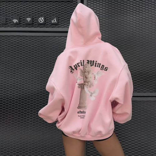 Damen oversized Kapuzenpullover mit Engels-Print und kunstvollem Rückendruck – Auréline