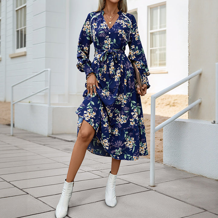 Damen Florales Langarmkleid mit Taillengürtel Echo Archiv
