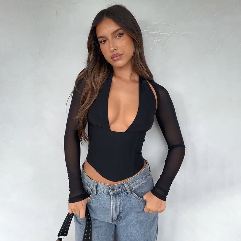 Damen Cropped-Top mit transparenten Ärmeln und tiefem V-Ausschnitt Echo Archiv