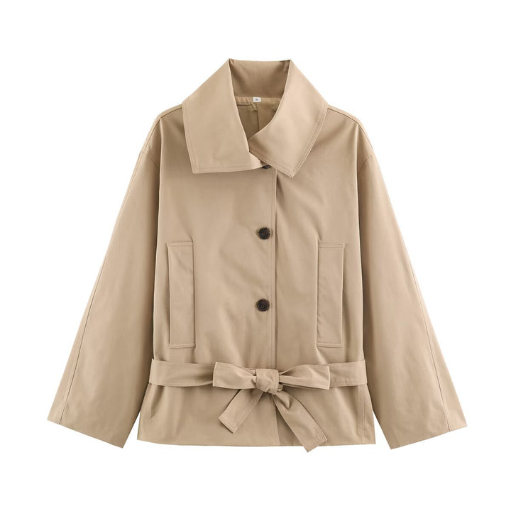 Damen Kurze taillierte Trenchjacke mit Bindegürtel und weitem Reverskragen Echo Archiv