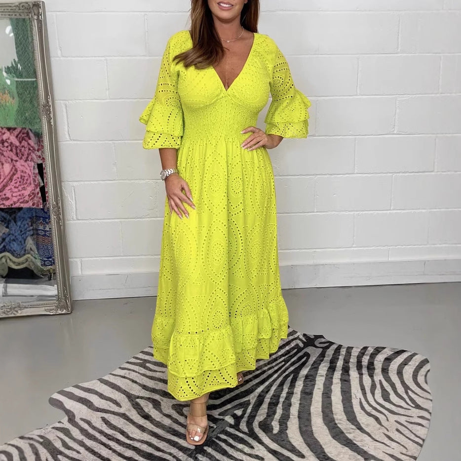Damen Maxikleid mit floraler Lochstickerei und weiten Ärmeln Echo Archiv