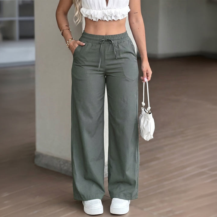 Damen nan weite High‑Waist Leinenhose mit elastischem Tunnelzugbund und Seitentaschen Echo Archiv