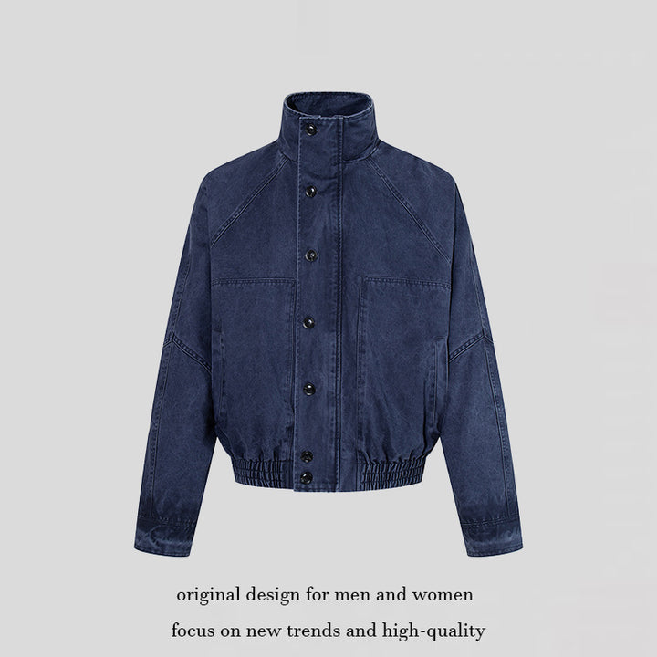 Damen kurze Oversize-Bomberjacke mit Stehkragen, Knopfleiste und elastischem Saum Echoarchiv