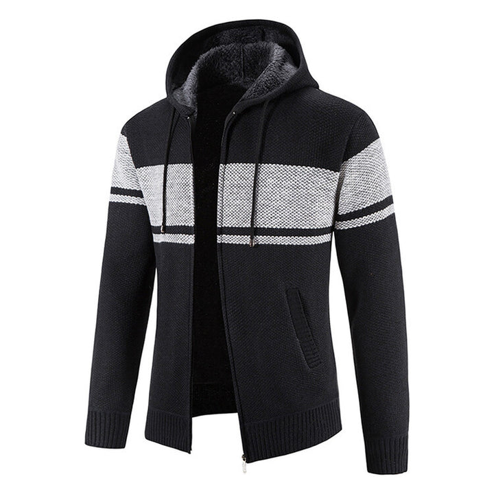 Herren Strickjacke mit Kapuze und kontrastierendem Streifenmuster Echoarchiv