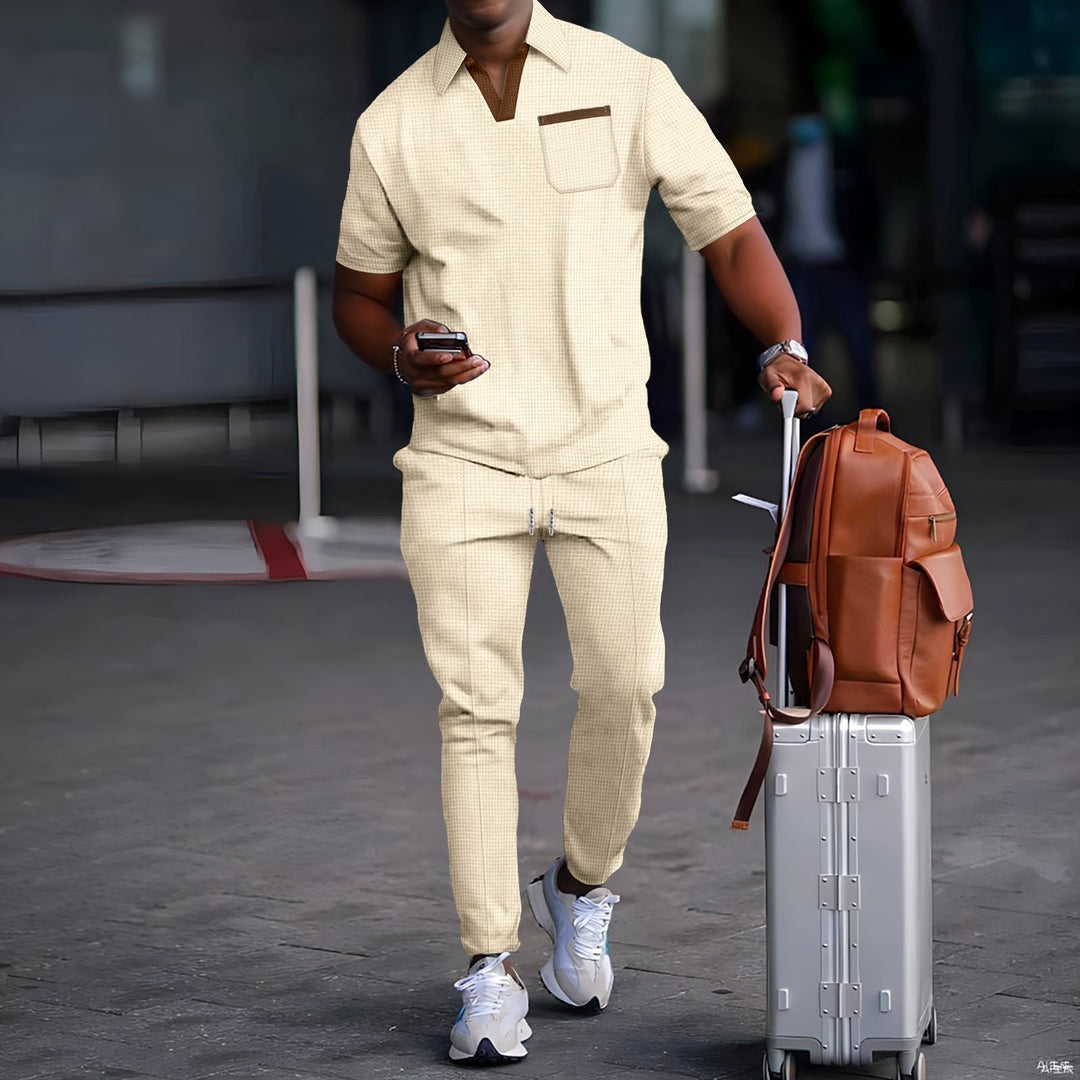 Herren nan lässiges Freizeitset aus elastischem Jersey mit V-Ausschnitt Brusttasche und Kordelbund Echo Archiv