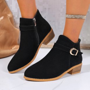 Damen Veloursleder-Ankle-Boots mit seitlichem Reißverschluss, Zier-Schnalle und niedrigem Blockabsatz – Varelle