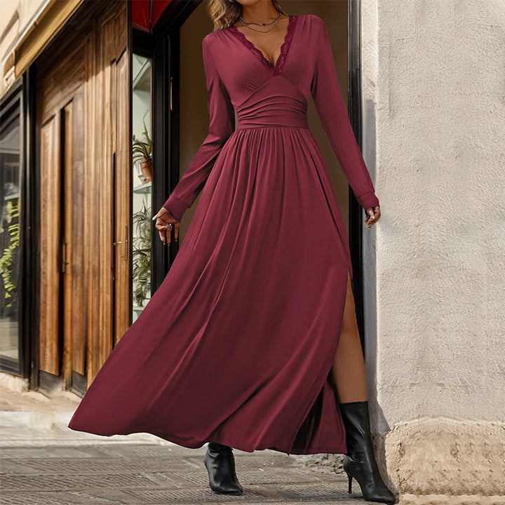 Damen Elegantes Maxikleid mit tiefem V-Ausschnitt und Rüschendetails Echo Archiv