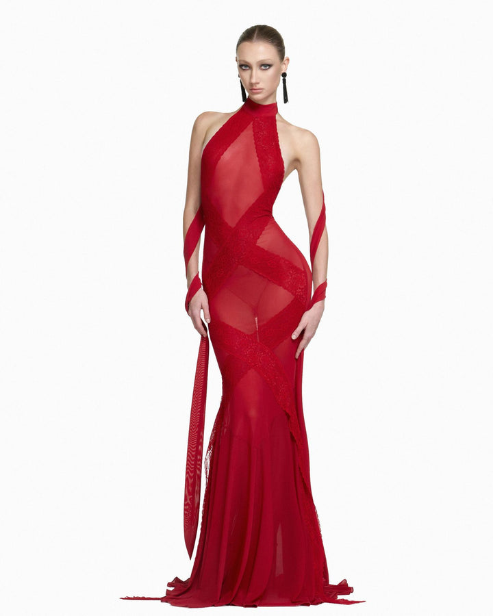 Damen Glamouröses Langarmkleid mit transparenten Einsätzen und raffinierten Drapierungen Echo Archiv