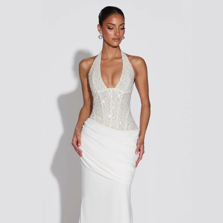 Damen Glamouröses Abendkleid mit tiefem V-Ausschnitt und dekorativen Pailletten Echo Archiv