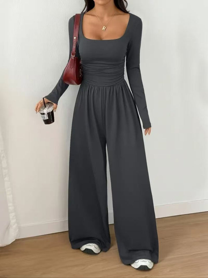 Damen Jumpsuit mit weitem Bein, eckigem Ausschnitt und geraffter Taillenpartie Echoarchiv