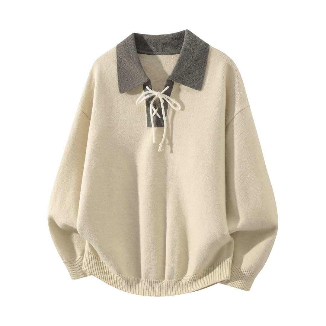 Herren Oversize Strickpullover mit Hemdkragen, Kordelhalsschließe & gerippten Abschlüssen Echoarchiv
