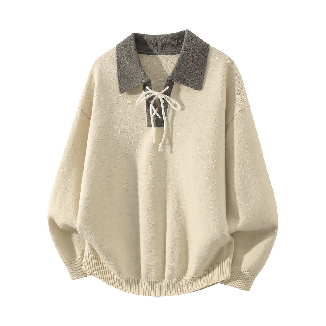 Herren Oversize Strickpullover mit Hemdkragen, Kordelhalsschließe & gerippten Abschlüssen Echoarchiv