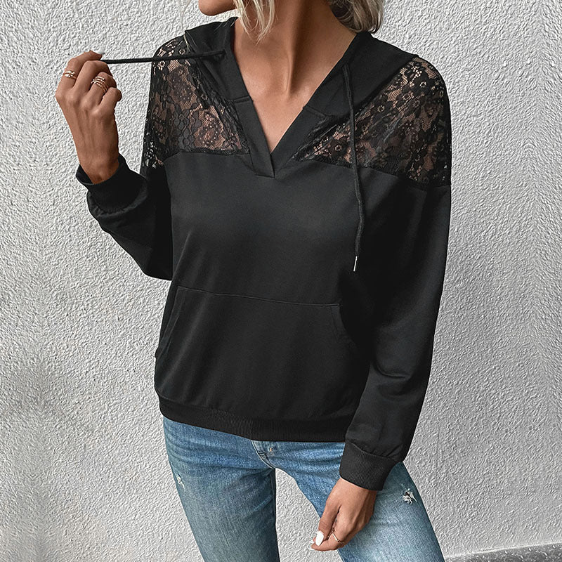 Damen Hoodie mit V-Ausschnitt, Spitzen-Schulterbesatz und Kängurutasche Echoarchiv