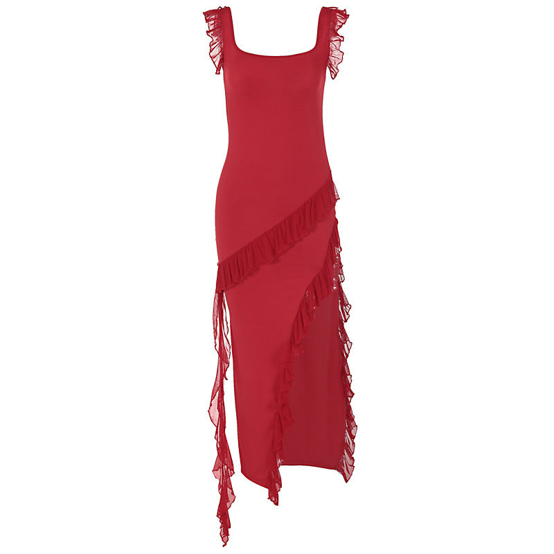 Damen asymmetrisches Maxi-Kleid mit Rüschendetails und hohem Schlitz Echo Archiv