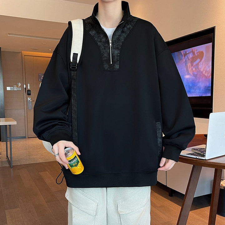 Herren Oversize Stehkragen-Halbzip-Sweatshirt mit Kängurutasche & Kontrast-Innenblende Echoarchiv