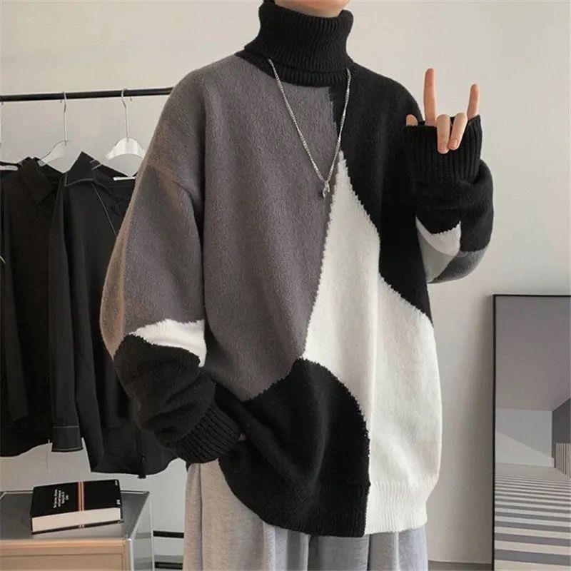Herren Grobstrickpullover mit hohem Kragen und modernen Farbblocks Echoarchiv