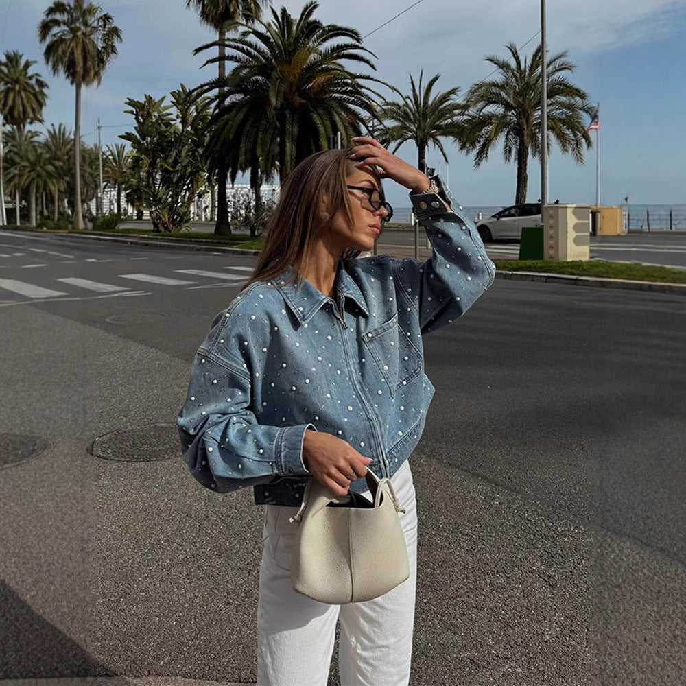 Damen Gekürzte Denim-Jacke mit Perlenbesatz und Oversize-Ärmeln Echoarchiv