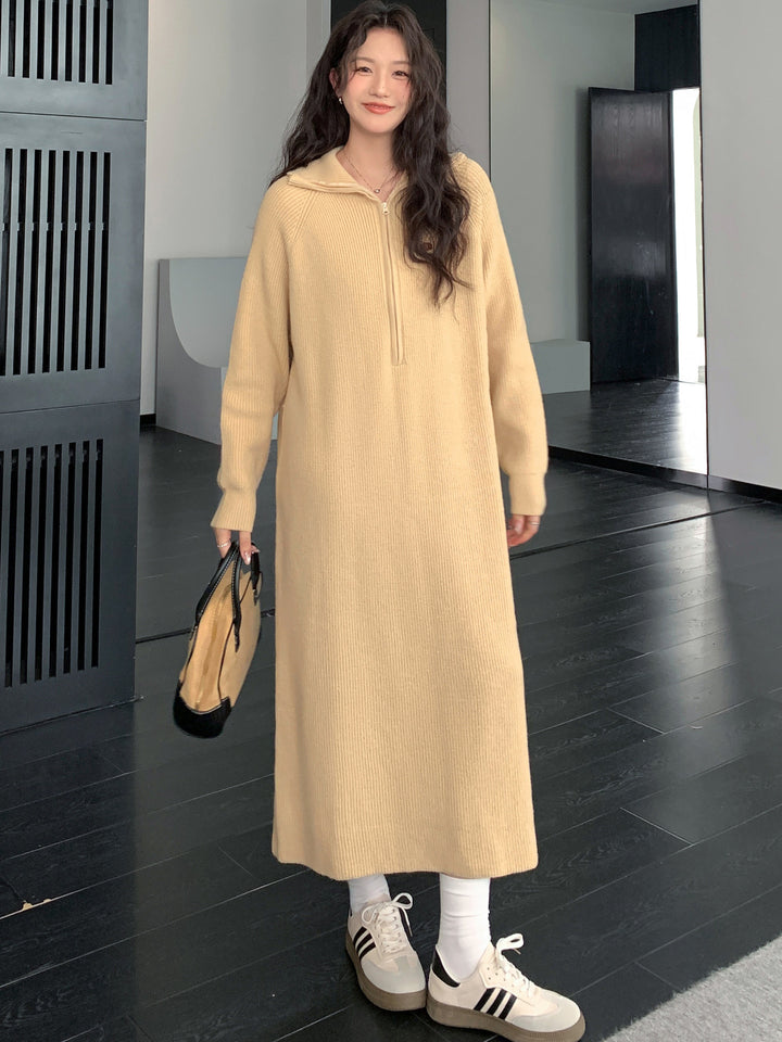 Damen Geripptes Kapuzen-Strickmaxikleid mit halbem Reißverschluss und weitem Fall Echoarchiv