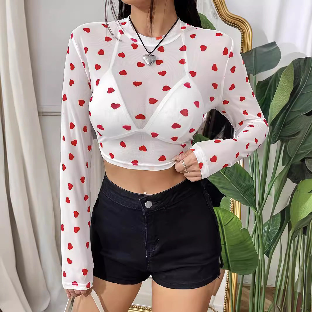 Damen Langarm-Crop-Top mit herzförmigem Design und transparentem Stoff Echoarchiv