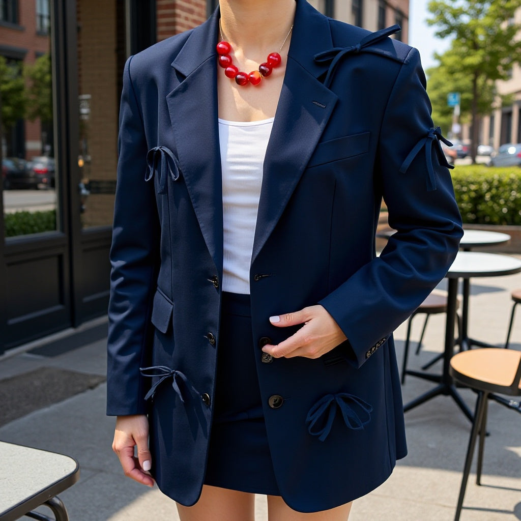 Damen Taillierter Blazer mit dekorativen Schleifen und abgestimmtem Minirock-Set Echo Archiv