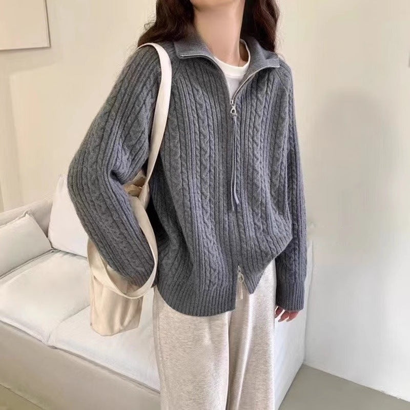Damen Kastiger Zopfstrick‑Cardigan mit Zweiwege‑Reißverschluss, Stehkragen und breitem Rippsaum Echoarchiv
