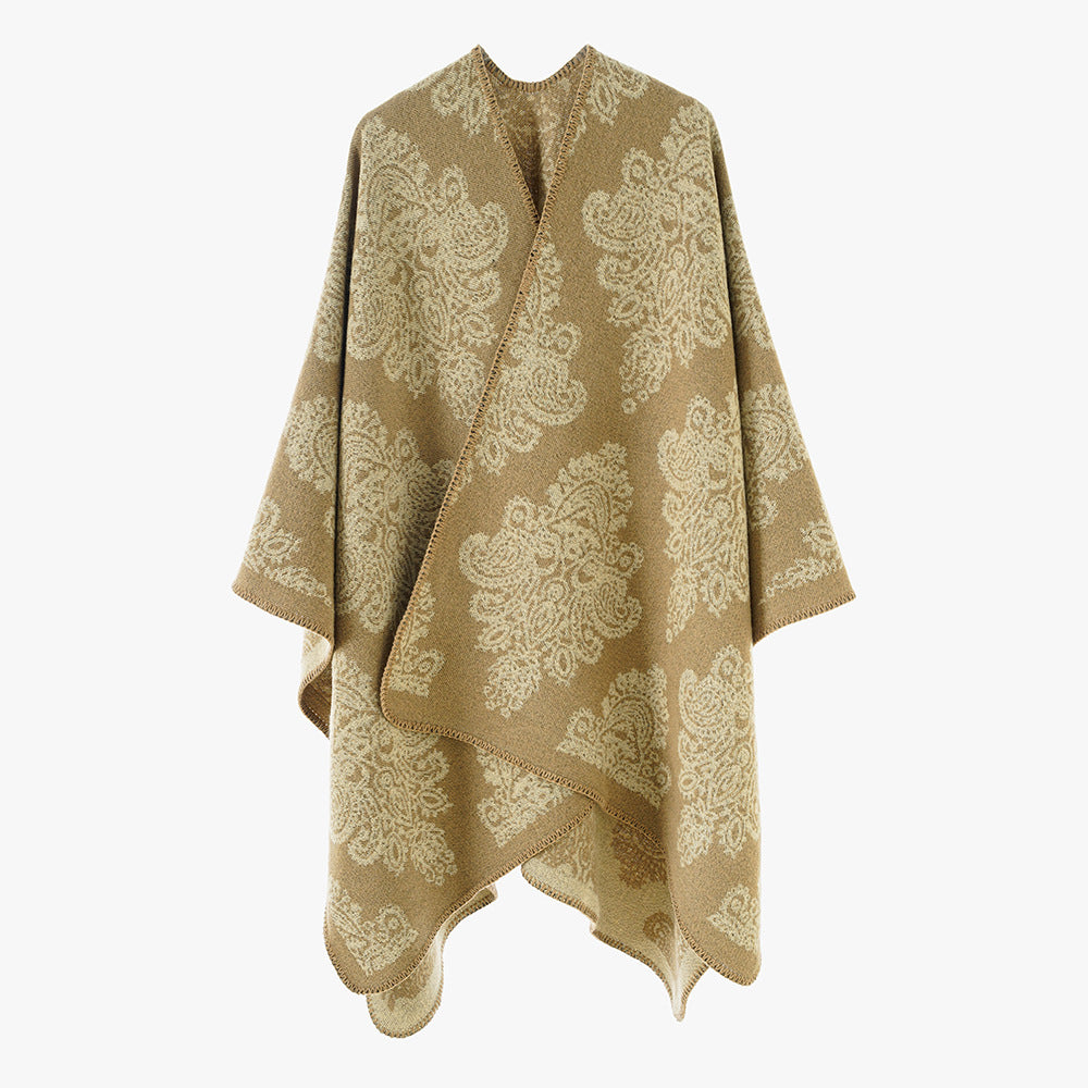 Damen Wollmix-Capeponcho mit beidseitigem Jacquard‑Paisley und kontrastierter Rollkante – Montévia