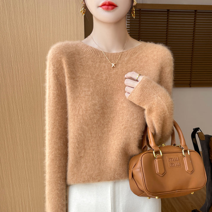 Damen Lockerer Feinstrick-Pullover mit Rundhalsausschnitt und flauschiger Angora-Optik Echoarchiv