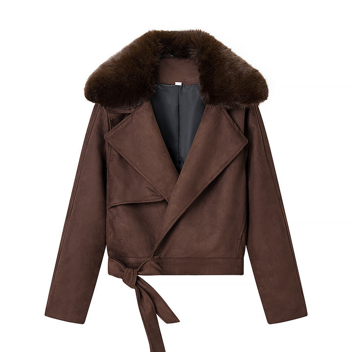 Damen Cropped-Motorjacke aus Wildlederoptik mit voluminösem Teddykragen Echo Archiv