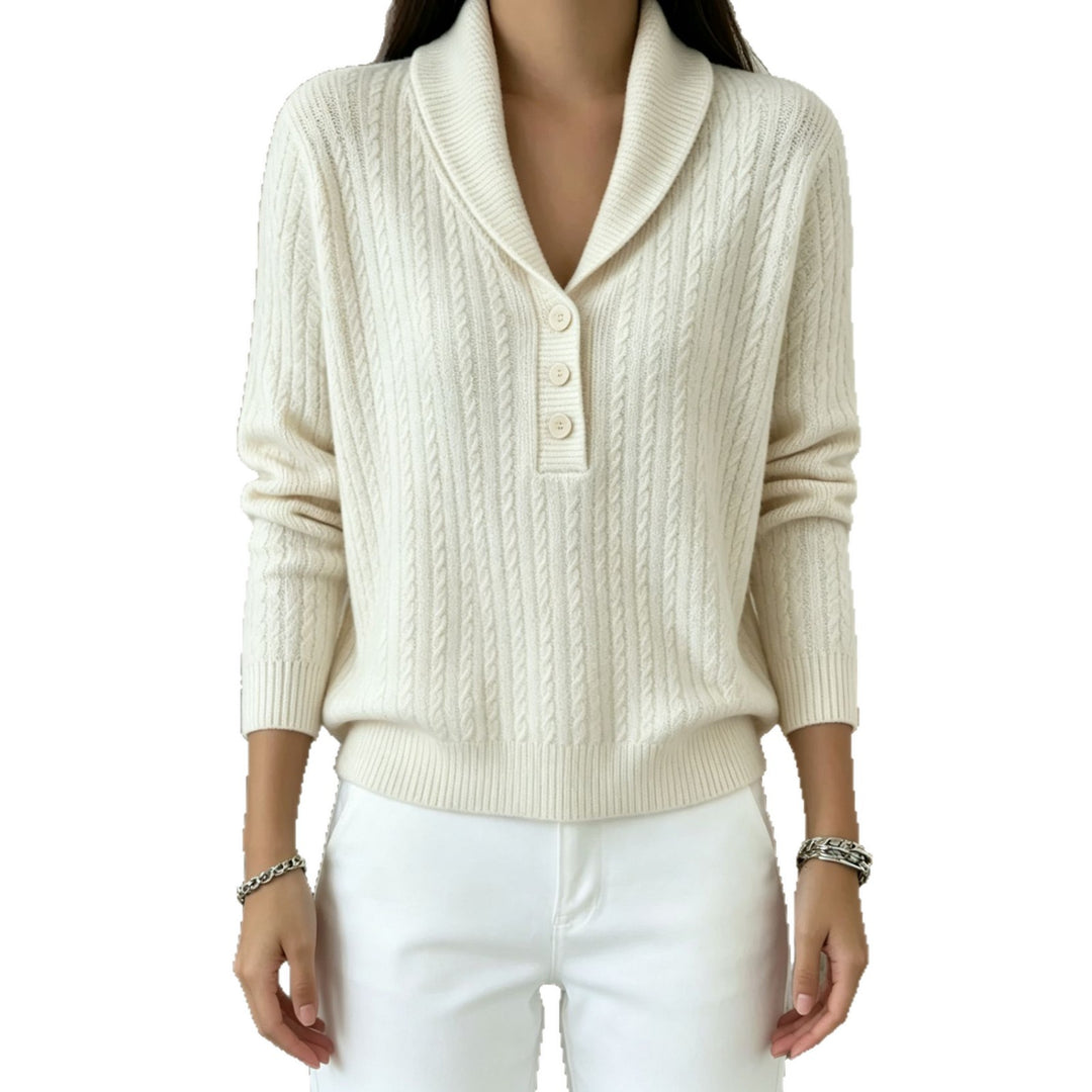 Damen Strickpullover mit Schalkragen, Zopfmuster und Knopfleiste – Mavelle