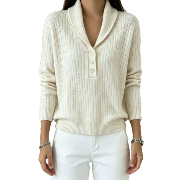 Damen Strickpullover mit Schalkragen, Zopfmuster und Knopfleiste – Mavelle