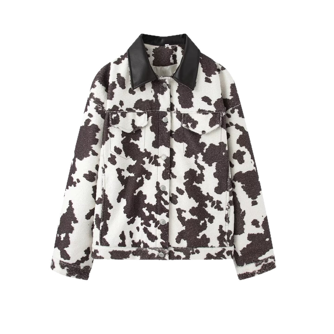 Damen Teddy-Truckerjacke mit Kuhfleckenmuster und Kunstlederkragen Echo Archiv