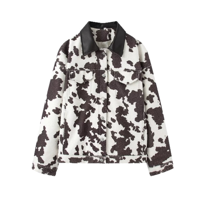 Damen Teddy-Truckerjacke mit Kuhfleckenmuster und Kunstlederkragen Echo Archiv