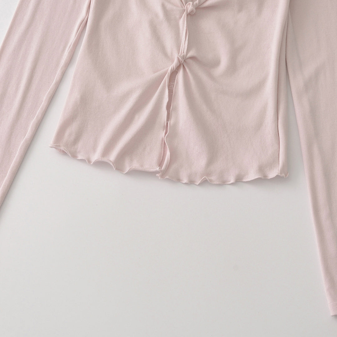 Damen Langarm-Feinjersey-Top mit Spitzen-Einsatz, Knotenfront und Raffung Echoarchiv