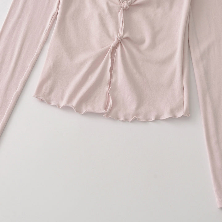 Damen Langarm-Feinjersey-Top mit Spitzen-Einsatz, Knotenfront und Raffung Echoarchiv