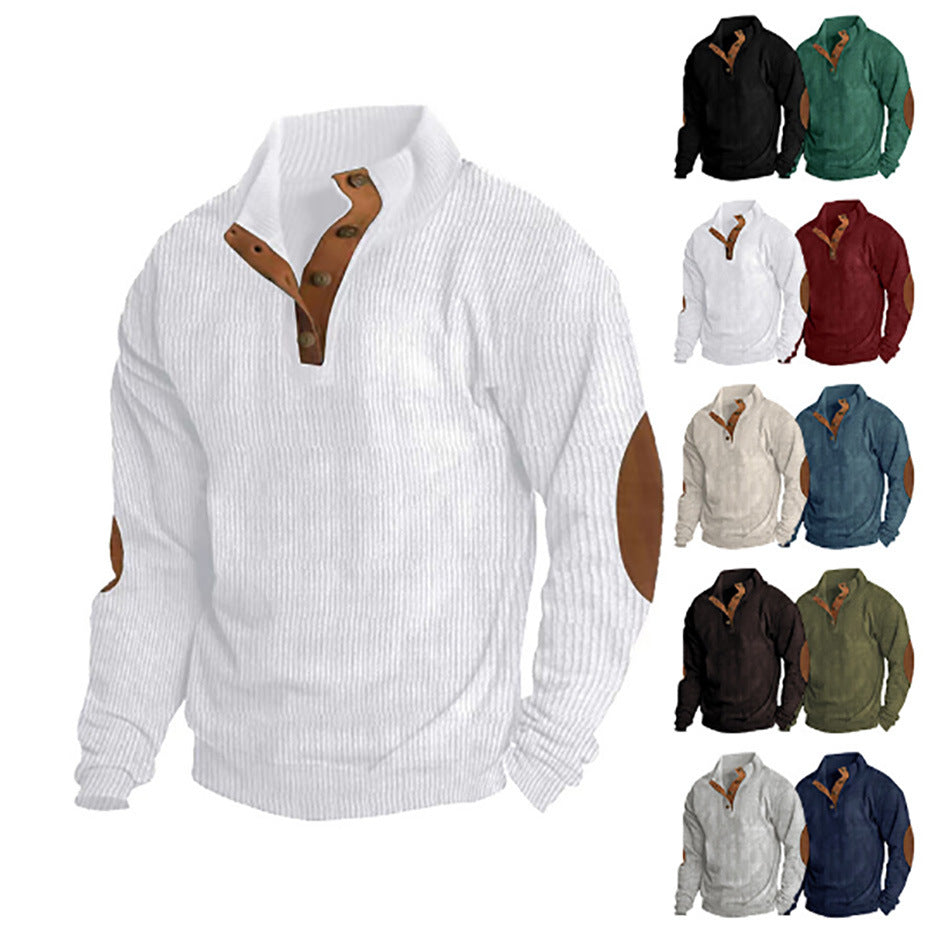 Herren nan grober Rippstrick-Pullover mit Stehkragen, Knopfleiste und markanten Ellenbogenpatches Echo Archiv