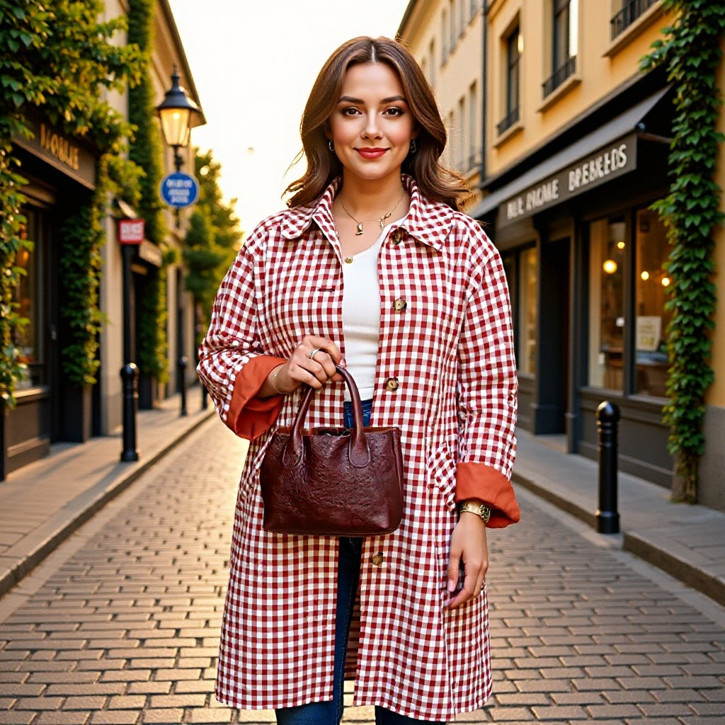 Damen Karo-Trenchcoat mittellang mit Knopfleiste und kontrastgefütterten Manschetten Echo Archiv