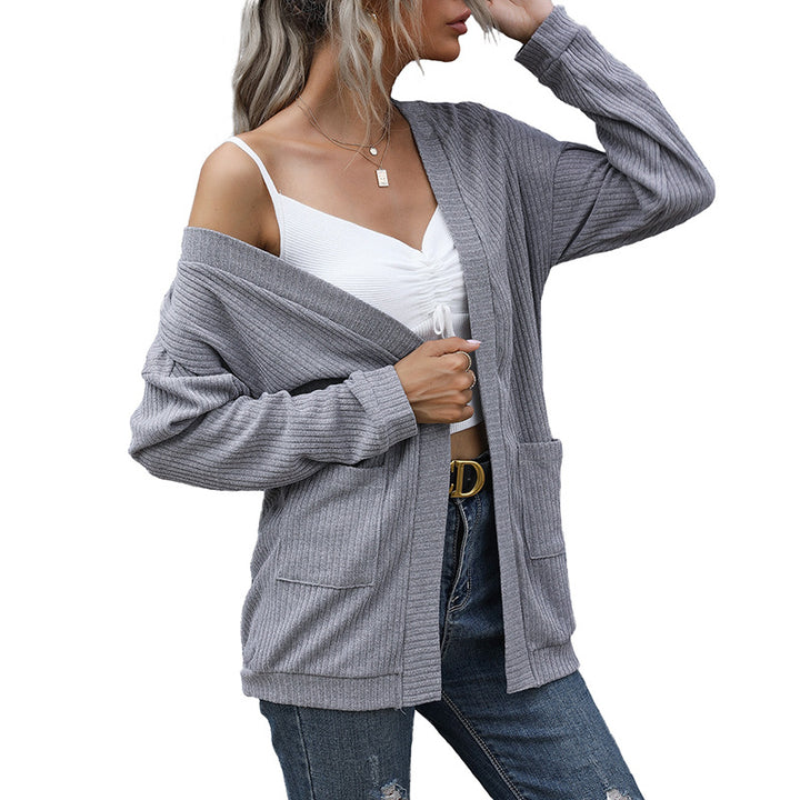 Damen lässiger gerippter Strickcardigan mit Taschen und offenem Schnitt Echoarchiv