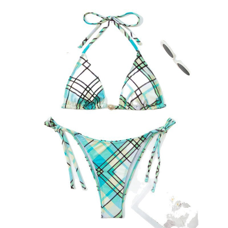 Damen Triangel-Bikini mit verspieltem Karomuster und verstellbaren Trägern Echo Archiv