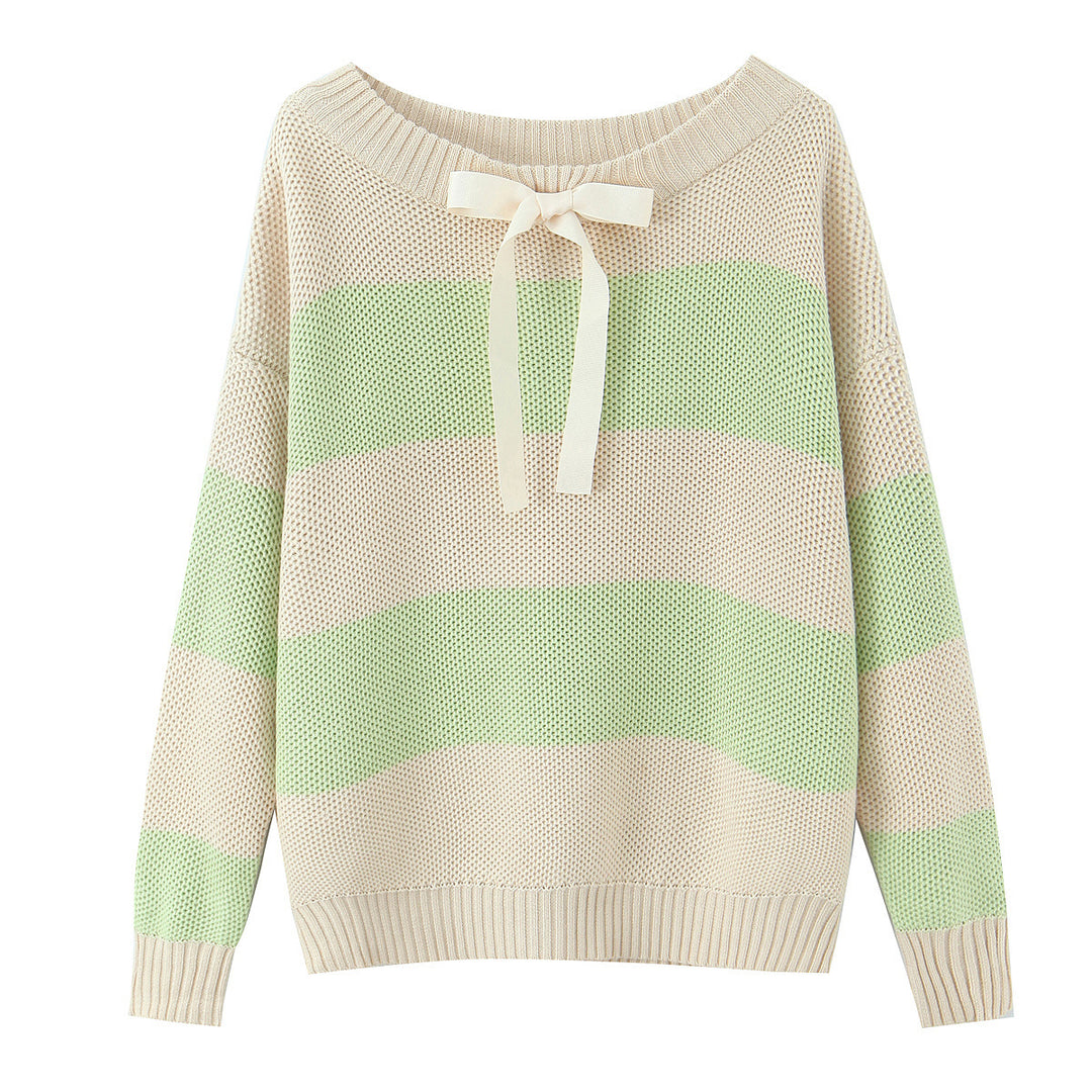 Damen Oversized Off-Shoulder-Pullover mit Carmenkragen, Waffelstrick und Zierbändern Echo Archiv
