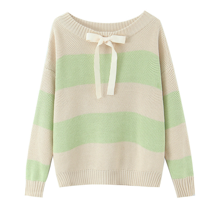 Damen Oversized Off-Shoulder-Pullover mit Carmenkragen, Waffelstrick und Zierbändern Echo Archiv