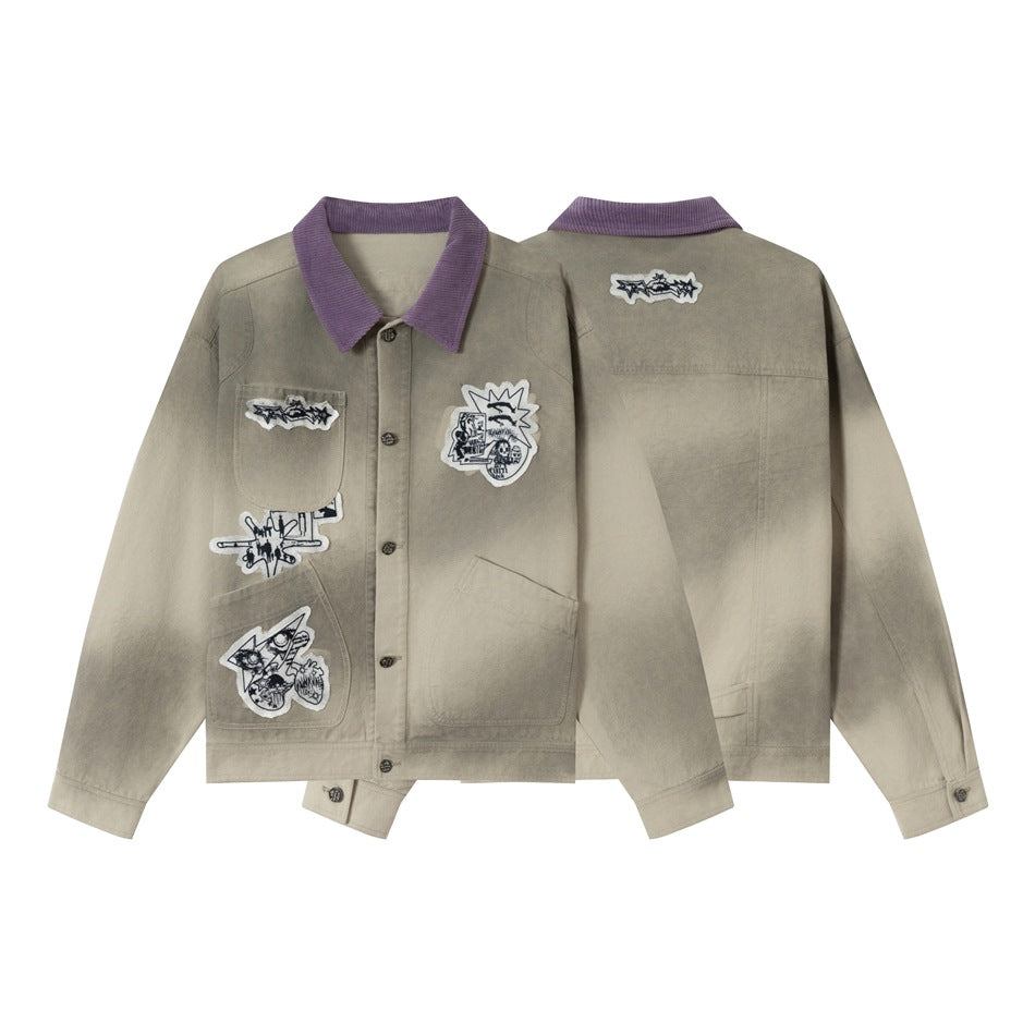 Unisex Kastig geschnittene Chorejacke aus Baumwollcanvas mit artistischen Patch Applikationen und Cordkragen Echoarchiv