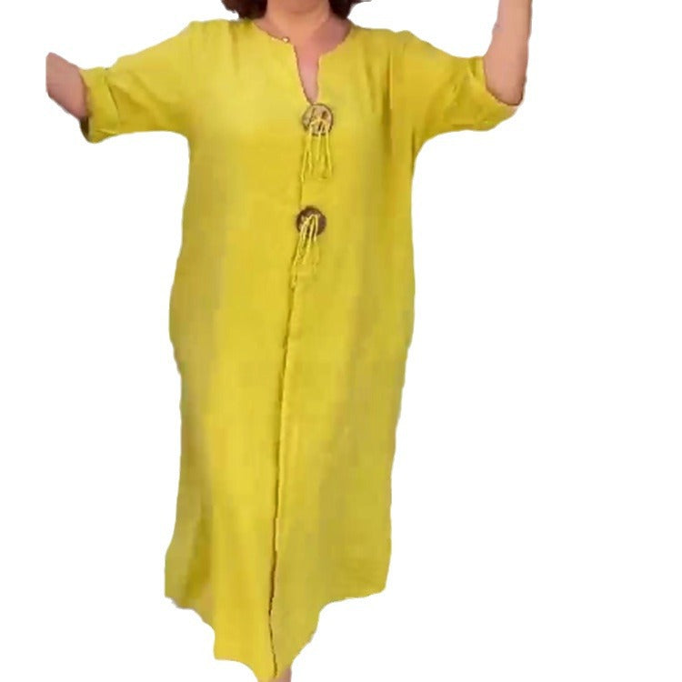 Damen Lange Leinen Look Kaftan Kleid mit Holerring Dekorbändchen und Roll-Up Drei-Viertel Ärmeln – Valéora