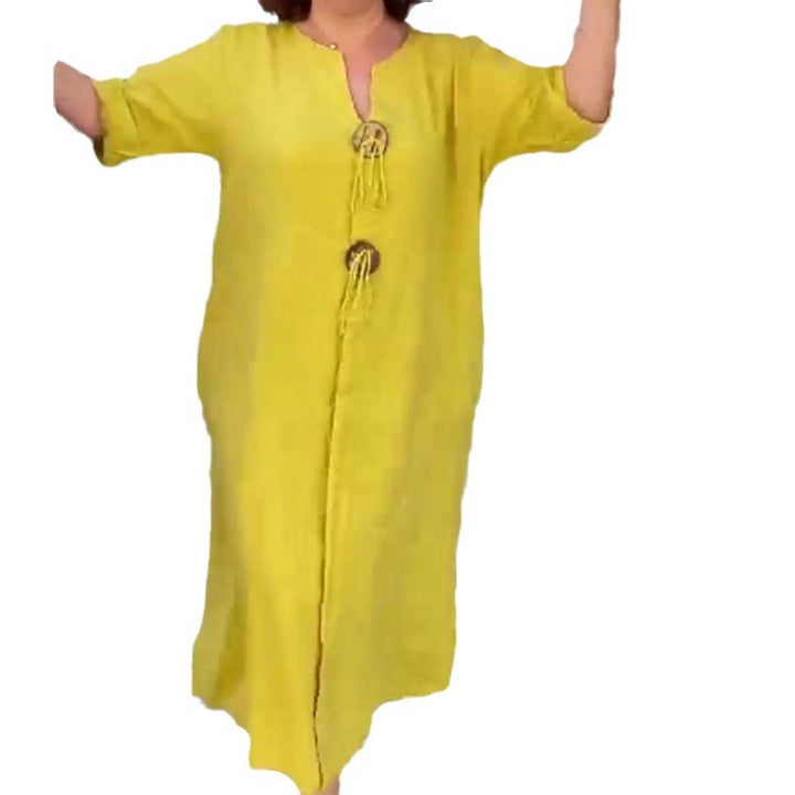 Damen Lange Leinen Look Kaftan Kleid mit Holerring Dekorbändchen und Roll-Up Drei-Viertel Ärmeln – Valéora
