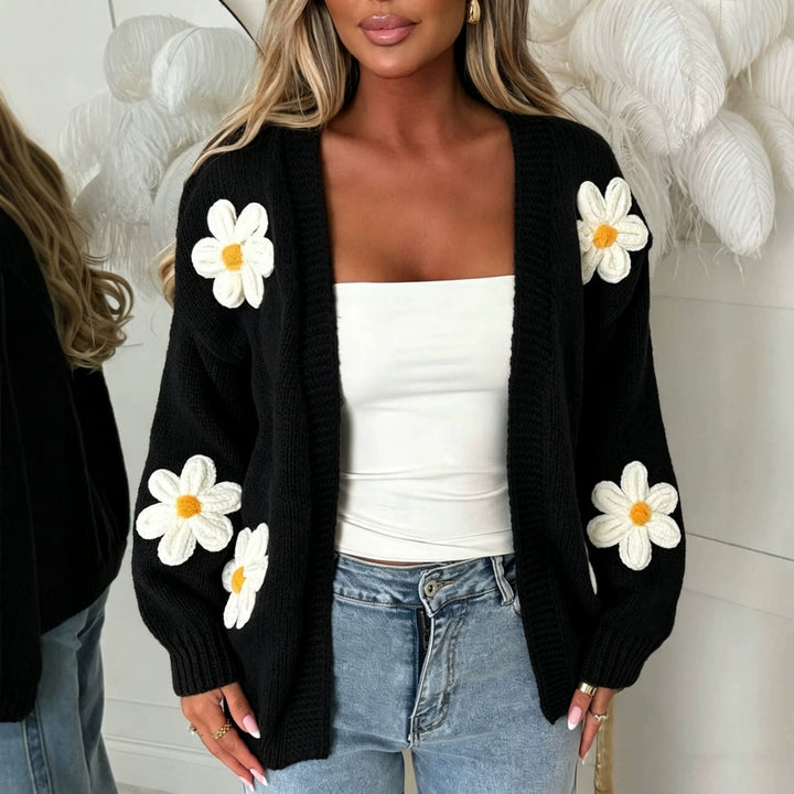 Damen Oversize-Strickcardigan mit 3D-Blumenapplikationen und geripptem Saum – Veloura