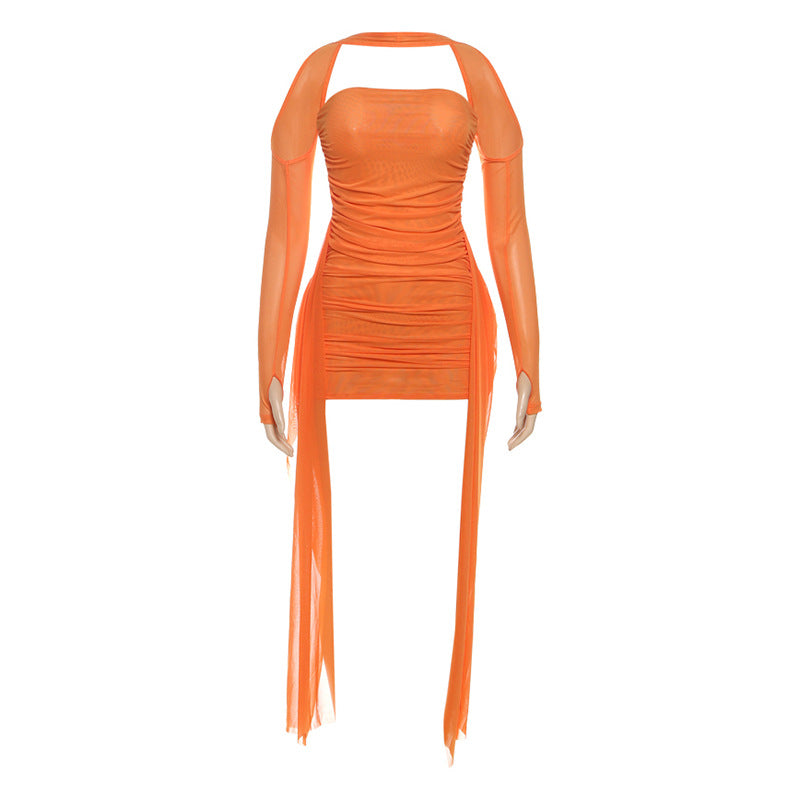 Damen Elegantes Langarmkleid mit raffiniertem Drapierungsdesign und transparenten Elementen Echo Archiv