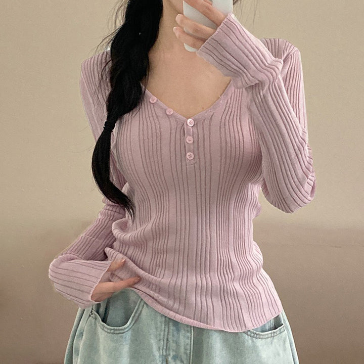 Damen nan feinstrukturierter Rippstrick-Longsleeve mit V-Ausschnitt, Henley-Knopfleiste und taillierter Passform Echo Archiv
