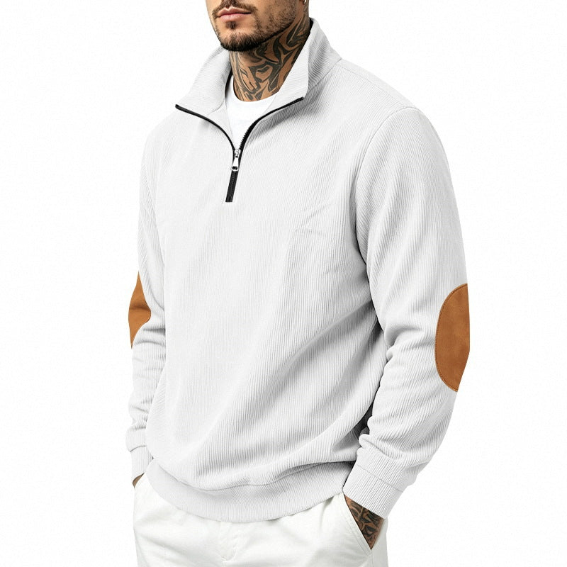 Herren Feinstrick-Halbzip-Pullover mit Cordstruktur und Kontrast-Ellbogenpatch Echoarchiv