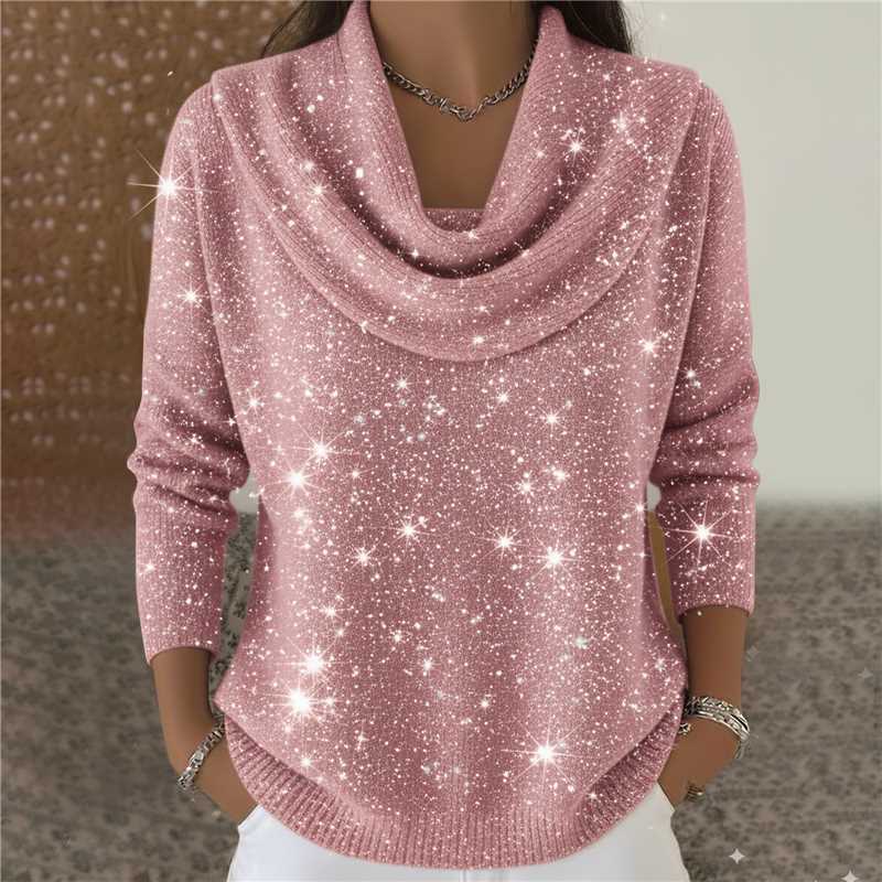 Damen nan schimmernder Strickpullover mit Wasserfallkragen, feiner Glitzerstruktur und schmalem Saum Echo Archiv