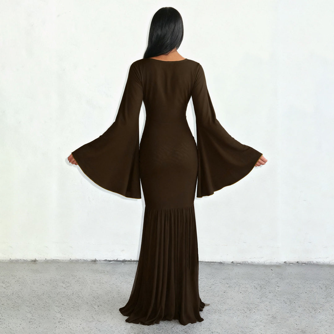 Damen nan gerafftes Maxikleid mit V-Ausschnitt, Trompetenärmeln und Stufenrüsche Echo Archiv