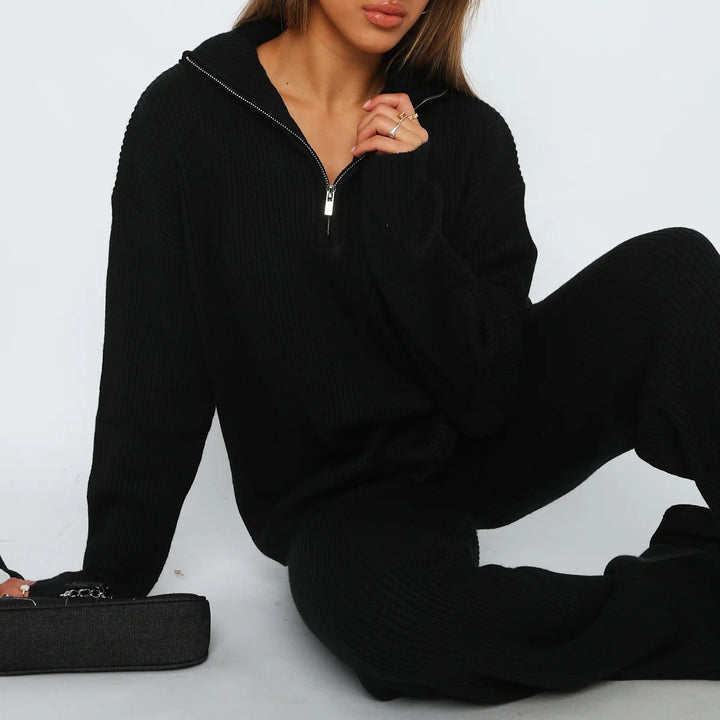 Damen Geripptes Strick-Lounge-Set mit halbem Reißverschluss und weiter Palazzohose – Mavelle